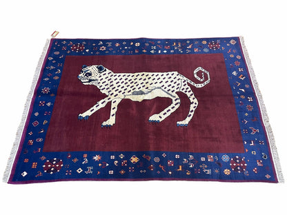 5 X 7 Handmade Zagros Wool Rug Snow White Panther Maroon Blue Organic Dyes