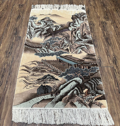 Silk Chinese Wall Hanging Rug 3x6 ft Tapestry, Pagoda Scene, Pictorial, High Quality Fine Hand Knotted Vintage, Asian Oriental Handmade Nice