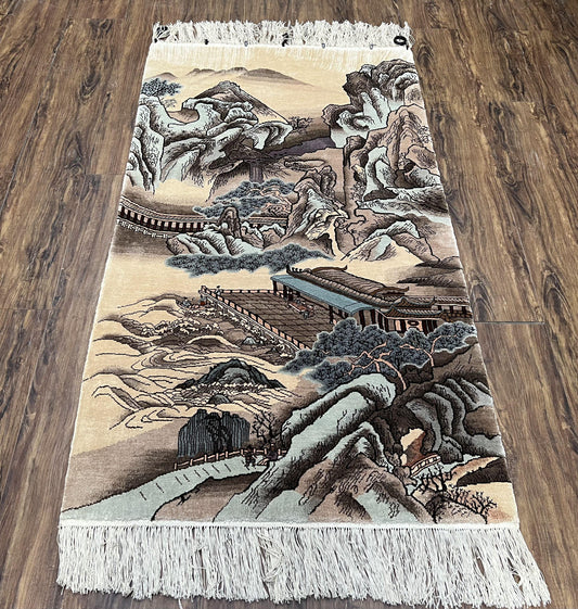 Silk Chinese Wall Hanging Rug 3x6 ft Tapestry, Pagoda Scene, Pictorial, High Quality Fine Hand Knotted Vintage, Asian Oriental Handmade Nice