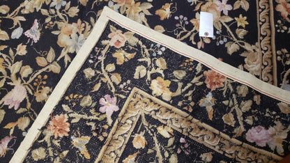 6x9 Vintage Needlepoint Rug Petitepoint Carpet Butterflies Floral Design Dark Brown & Tan 6 x 9 Handmade Flatweave Area Rug