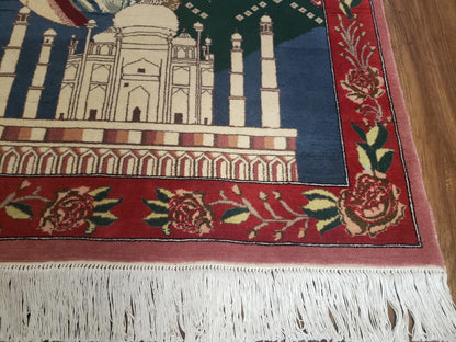 Vintage Small Pictorial Lovers Rug 2.5 x 4, Taj Mahal Indo Persian Rug, Wool Hand-Knotted Indian Rug, King & Queen, Layla and Majnun