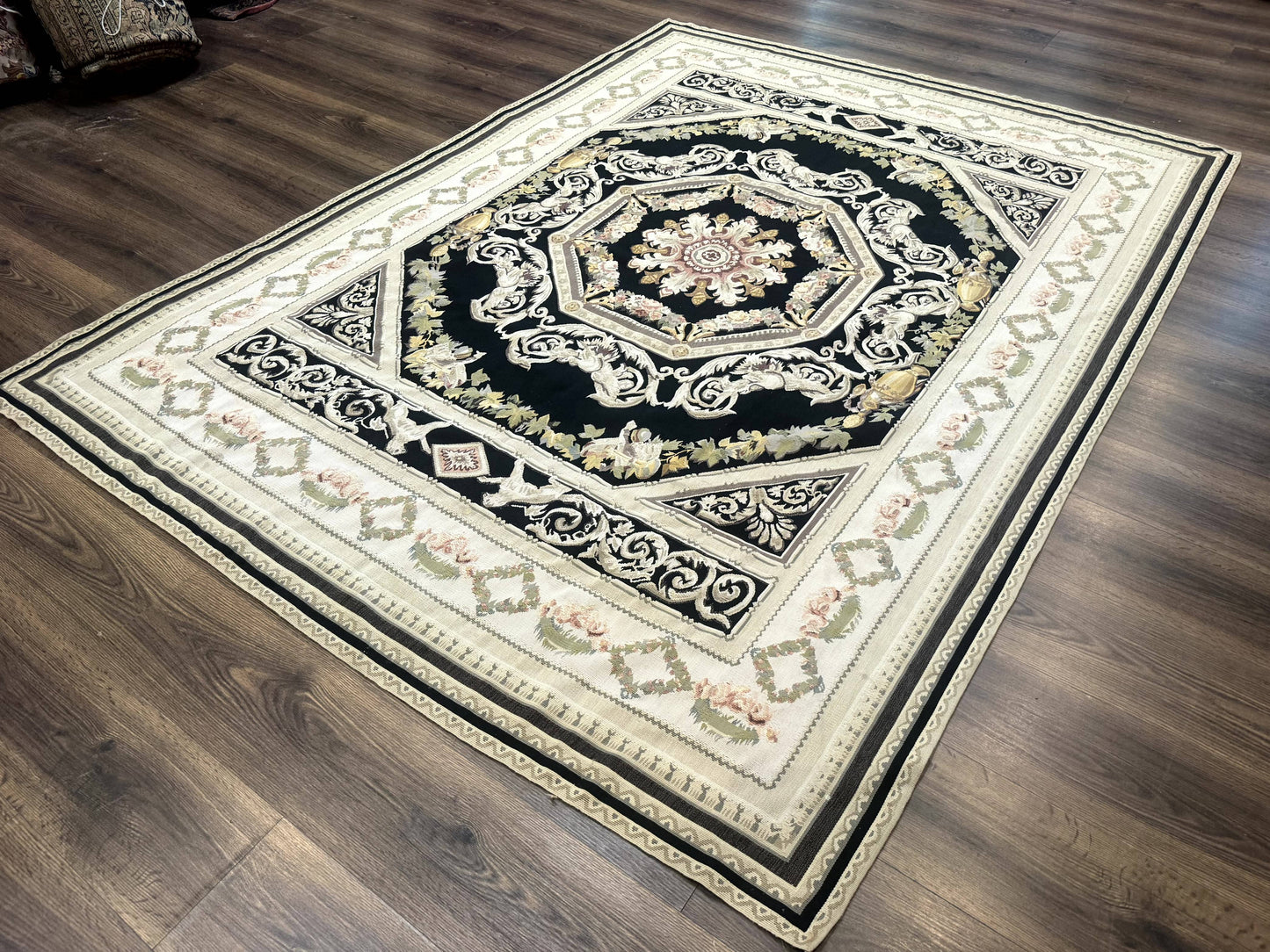 Aubusson Rug 6x8, European Design, Lion Pictorials, Black