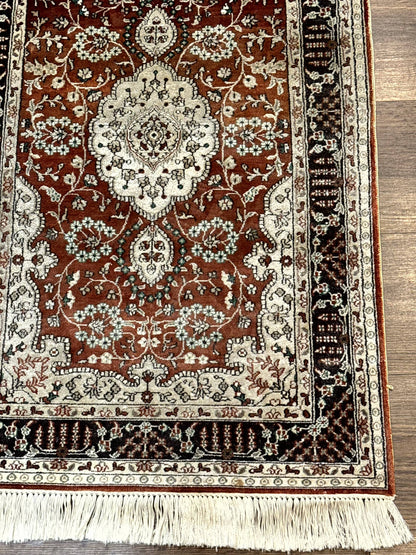 Turkish Silk Narrow Runner Rug 2 x 5.8, Very Fine 340 KPSI, Floral Medallions, Red