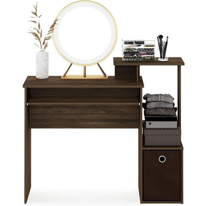 Walnut Compact Desk With Keyboard Tray And Shelves