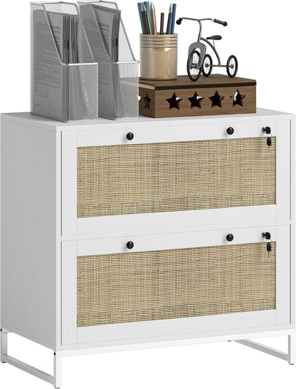 White Rattan 2 Drawer Locking Lateral File Cabinet