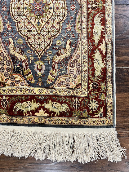 Silk Turkish Hereke Rug 2x3, Peacocks Birds, Signature from Master Weaver, Super Finely Hand Knotted 550 KPSI, Animal Pictorials