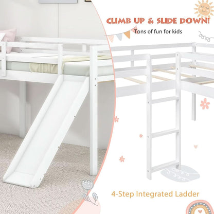 Wooden Twin Loft Bed With Slide And Ladder White For Kids Teens