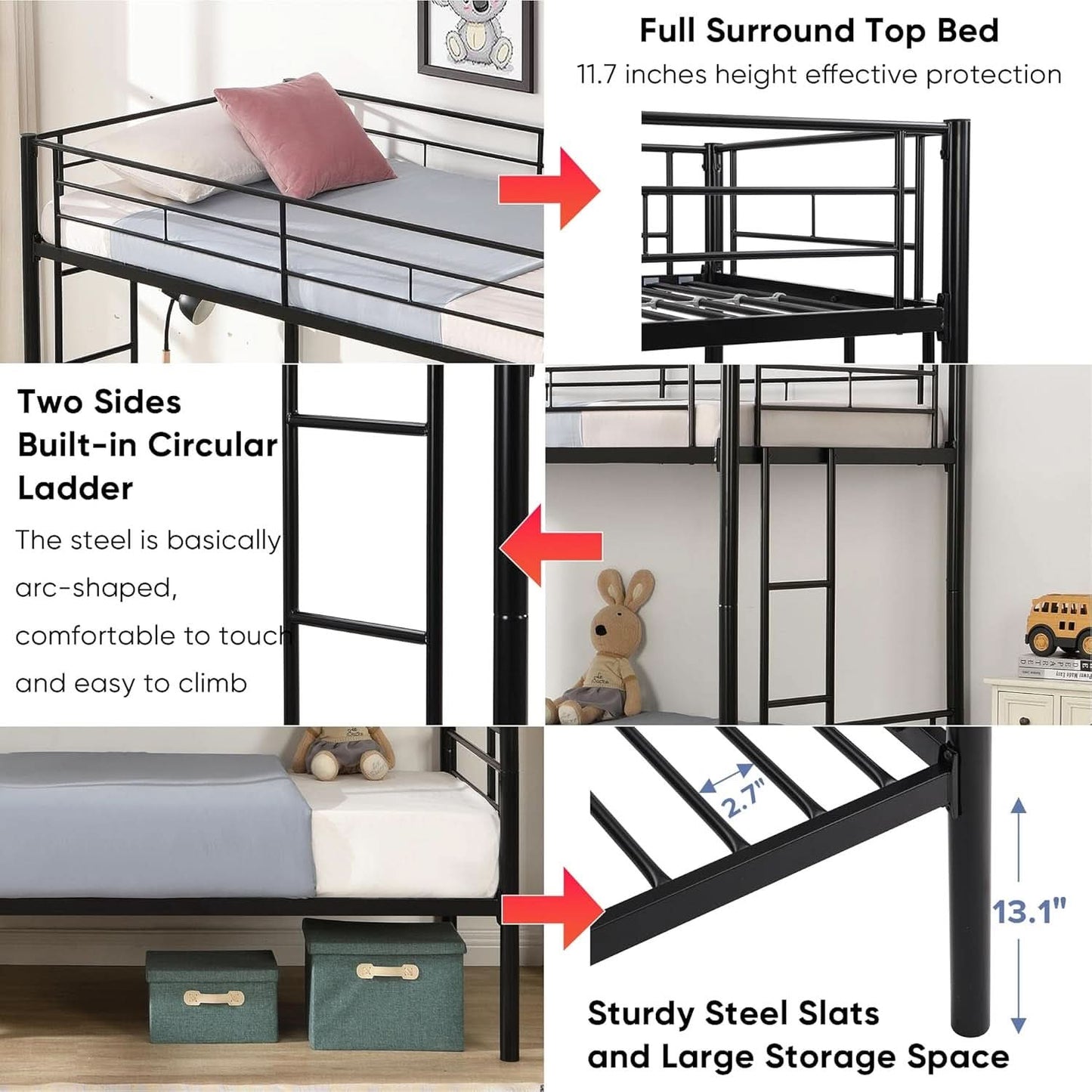 Metal Bunk Bed Twin Over Twin Heavy Duty With Ladders Black
