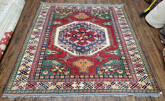 Vintage Turkish Kazak Area Rug, 6ft Square Rug, 6x6 Square Oriental Carpet, Hand-Knotted, Wool, Bold Colors, Red Blue Green, Geometric Rug