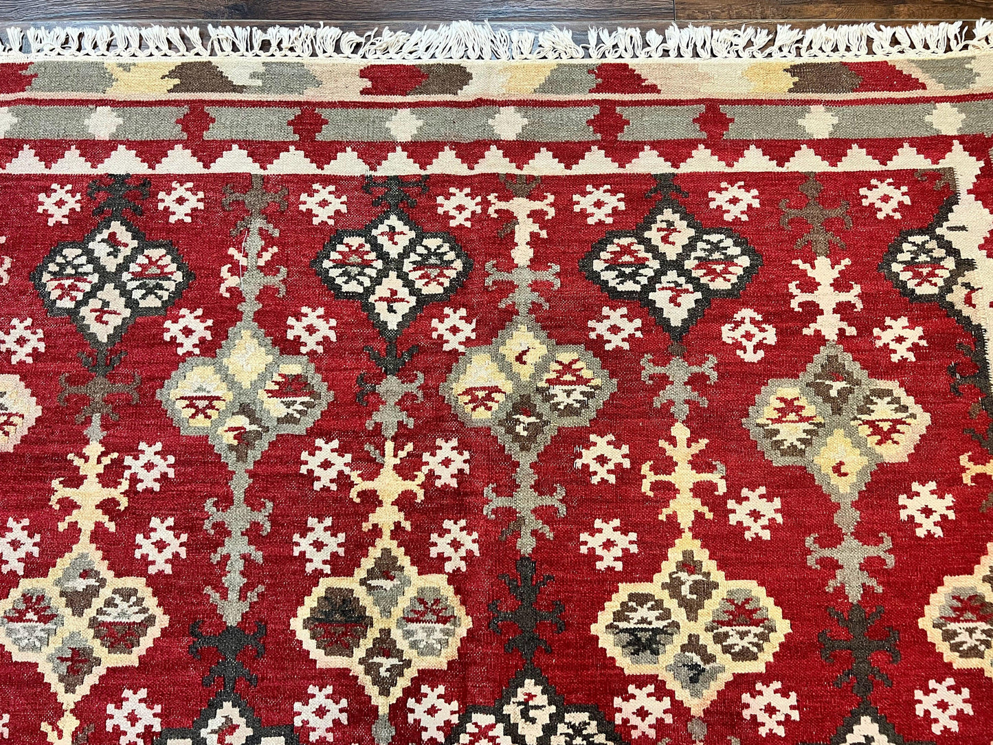 Indian Kilim Rug 6x6, Square Kilim Flatweave Carpet, Vintage Handmade Wool Rug, Red