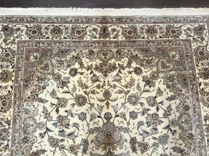 Sino Persian Rug 6x9, Floral Medallion, Ivory & Taupe, Wool with Silk Highlights, Fine 210 KPSI
