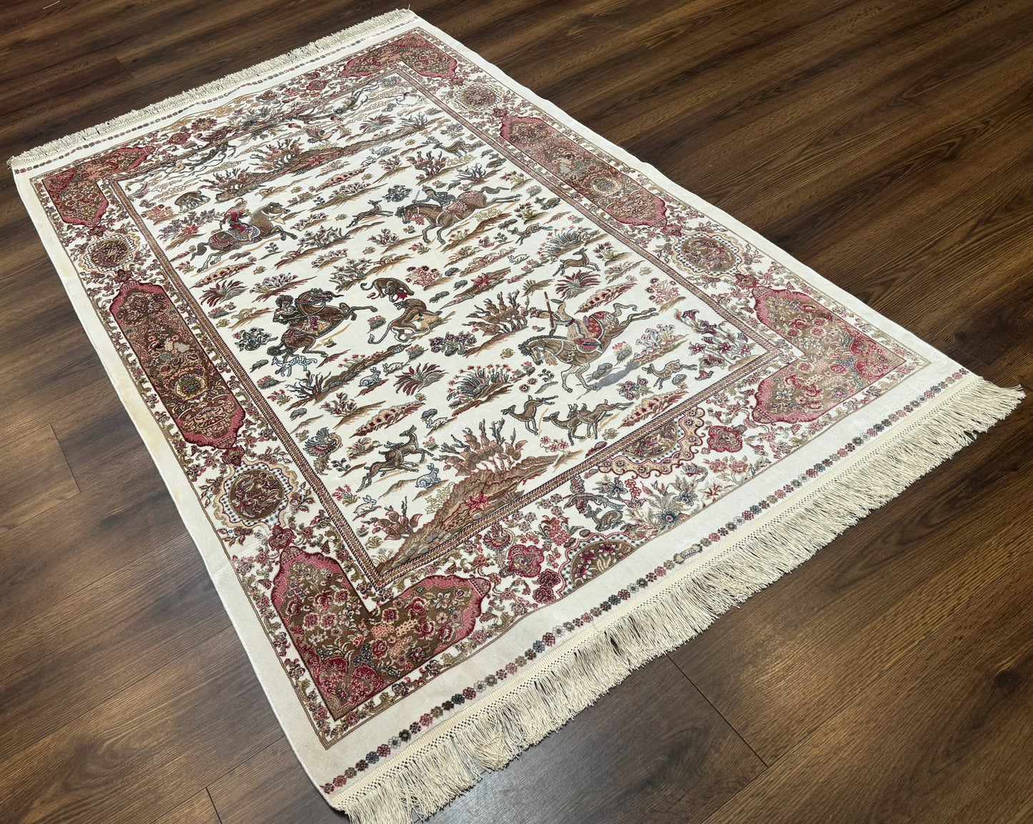 Turkish Silk Hunting Scene Rug 4x6, Ivory, Bamboo Silk, New