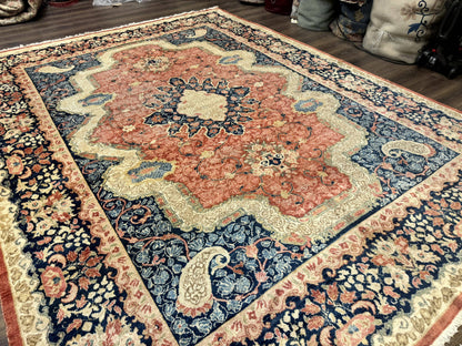 Antique Persian Sarouk Rug 9x12, Boteh Paisleys, Light Red Navy Blue