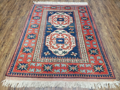 Turkish Kazak Rug 5x6 Vintage Handmade Wool Carpet Geometric Blue Red