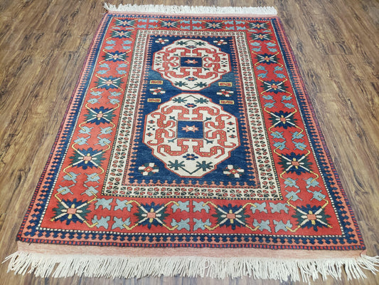 Turkish Kazak Rug 5x6 Vintage Handmade Wool Carpet Geometric Blue Red