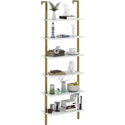 Marble White 6 Tier Ladder Shelf Bookcase Wall Mounted