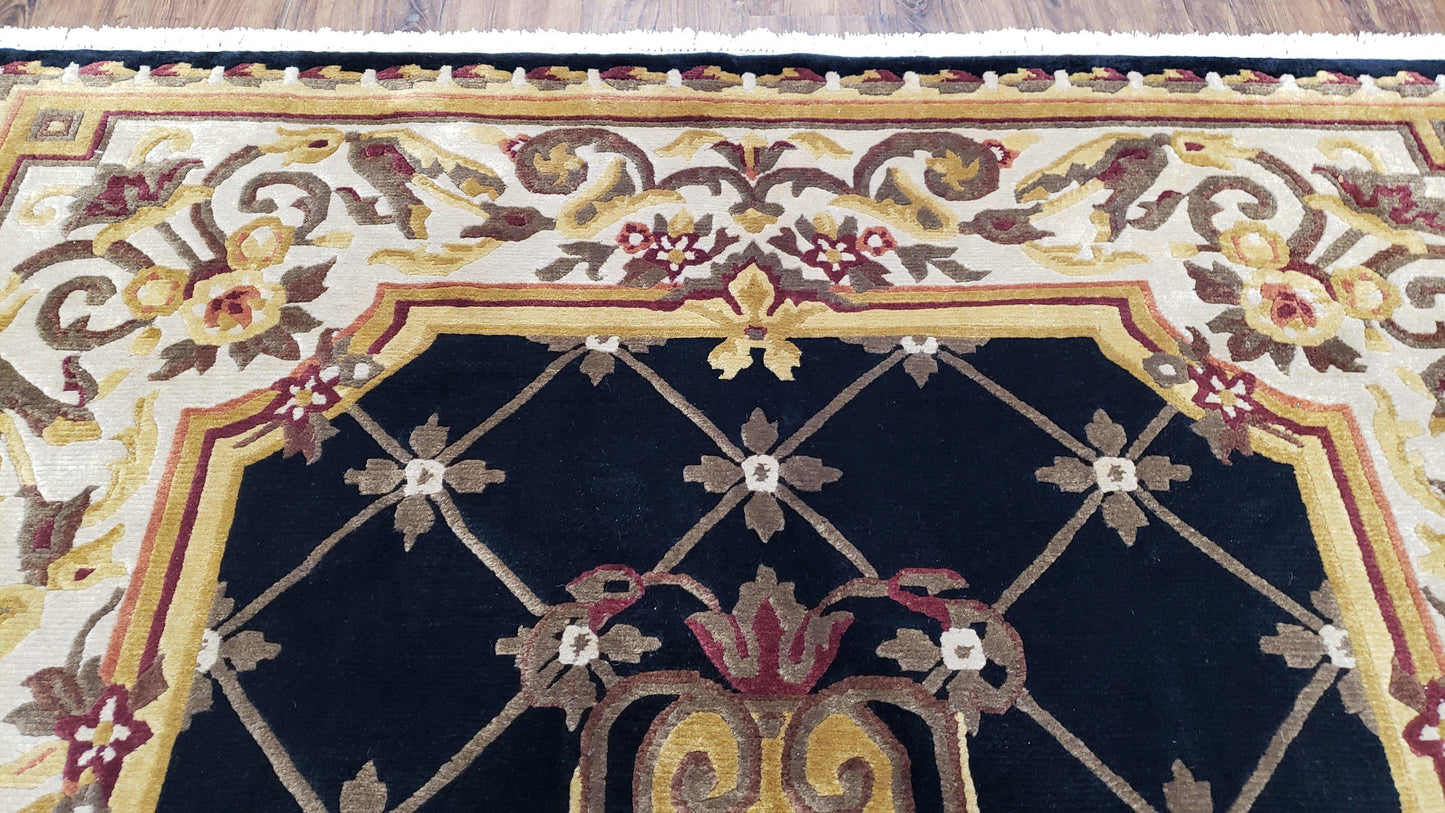 Nepal Rug 6x9, Nepalese Aubusson Area Rug 6 x 9, Hand-Knotted Wool Soft Pile Black & Beige Tibetan Aubusson New Carpet European Savonnerie