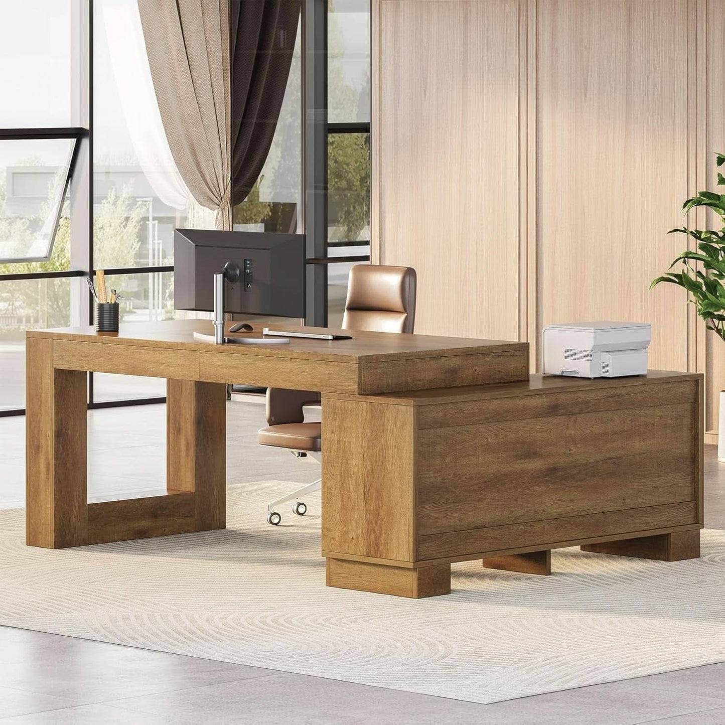 Brown 63 Inch Long L Shaped Desk With Sliding Cabinets