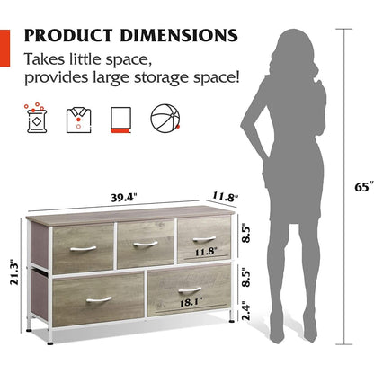 5 Drawer Wide Fabric Dresser Organizer With Wood Top
