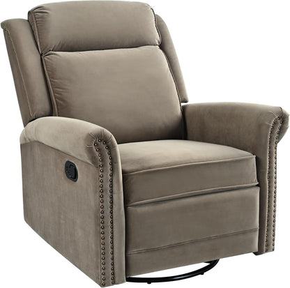 Light Brown Velvet Swivel Rocker Recliner Nailhead Trim