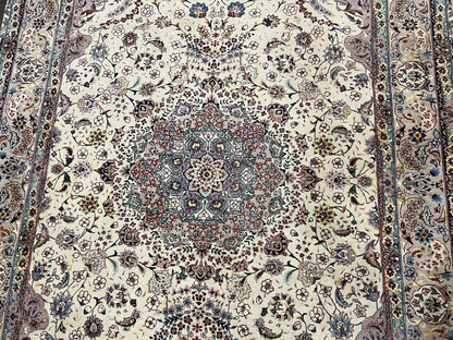 Beautiful Pak Persian Rug 6x9, Floral Medallion, Wool and Silk, Highly Detailed Elegant Carpet, Vintage Oriental Rug 6 x 9, Cream and Gray