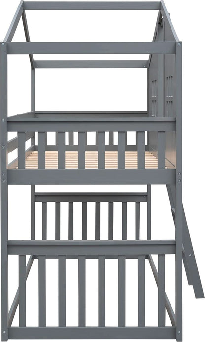 Gray Twin Over Twin House Bunk Bed With Roof For Kids