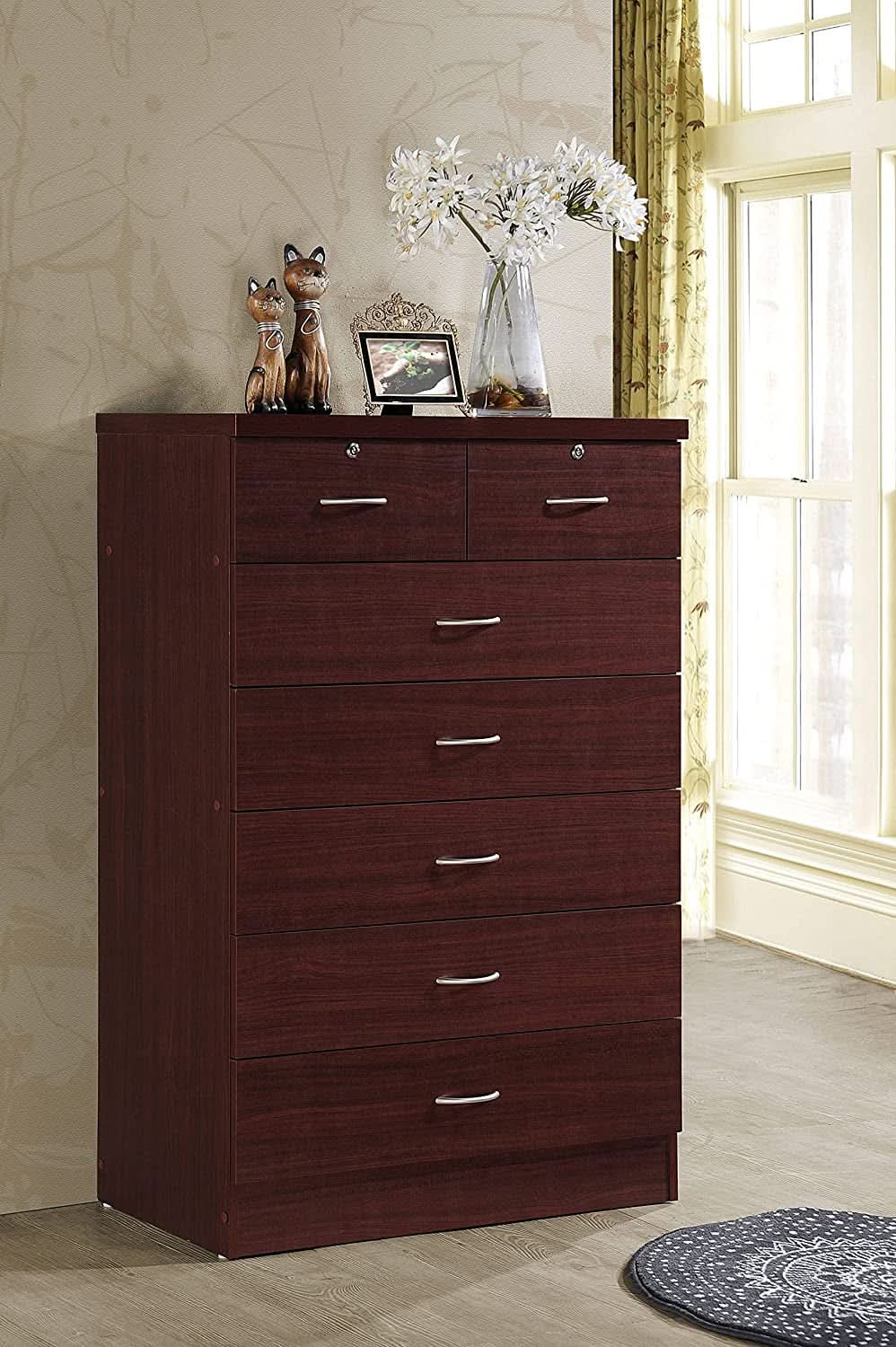 7 Drawer Wood Dresser Mahogany With 2 Locks On Top Drawers