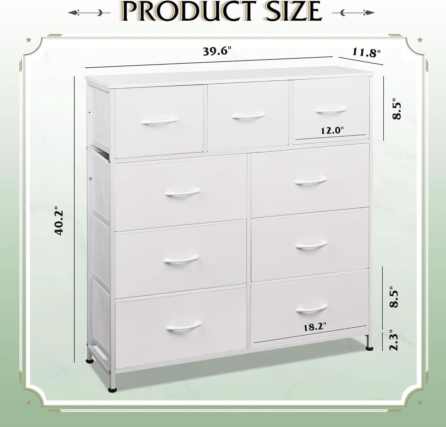 9 Drawer Fabric Dresser White With Steel Frame And Wood Top