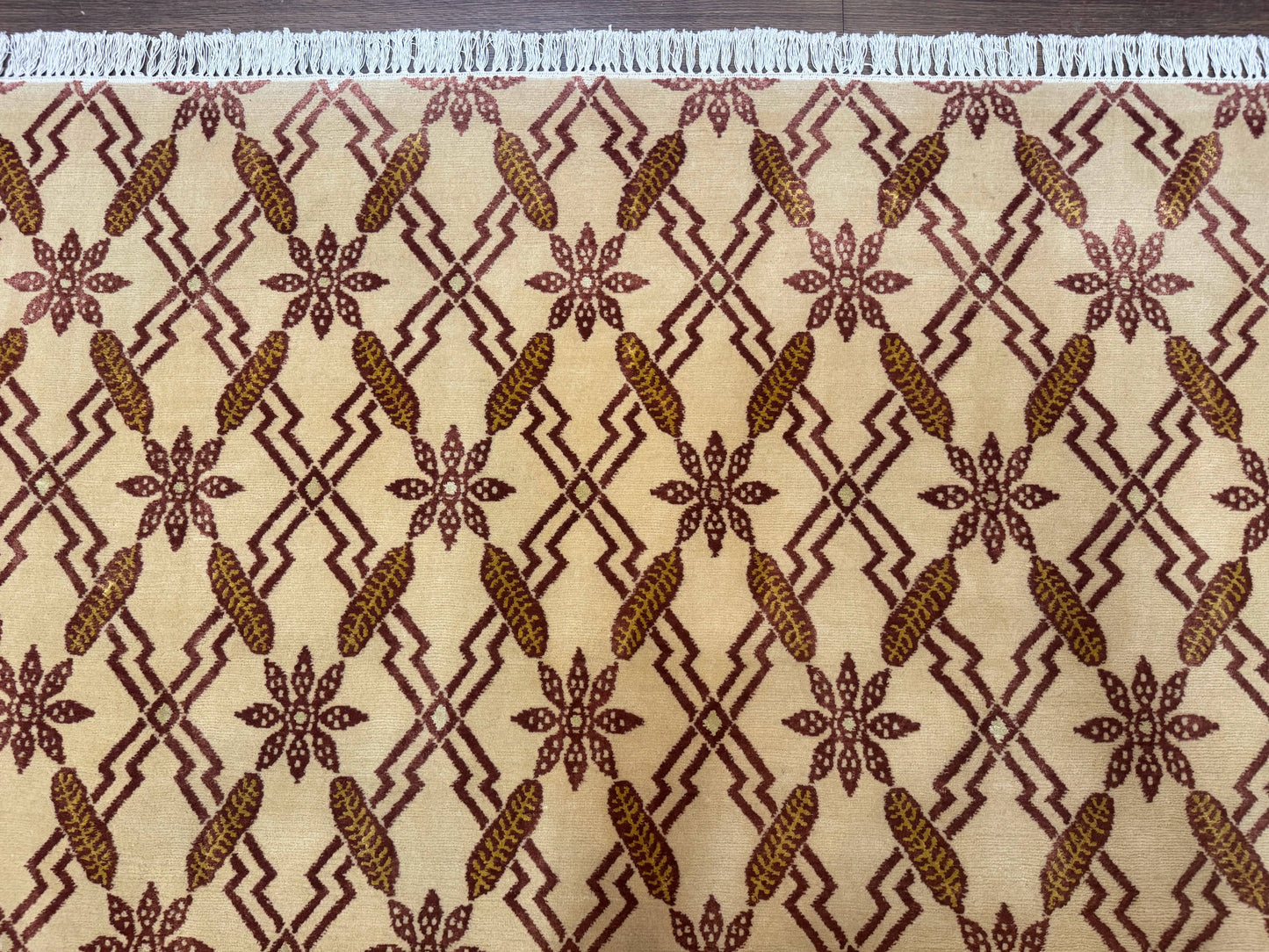 Tibetan Rug 8x10, Wool with Silk Highlights, Beige and Maroon, Contemporary Carpet