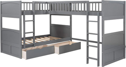 Triple Bunk Bed for Kids L Shaped Solid Wood Gray Twin Size