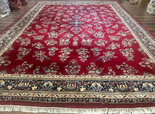 Indo Persian Sarouk Rug 10x14, Large Red and Navy Blue Carpet, Traditional Floral Wool Rug