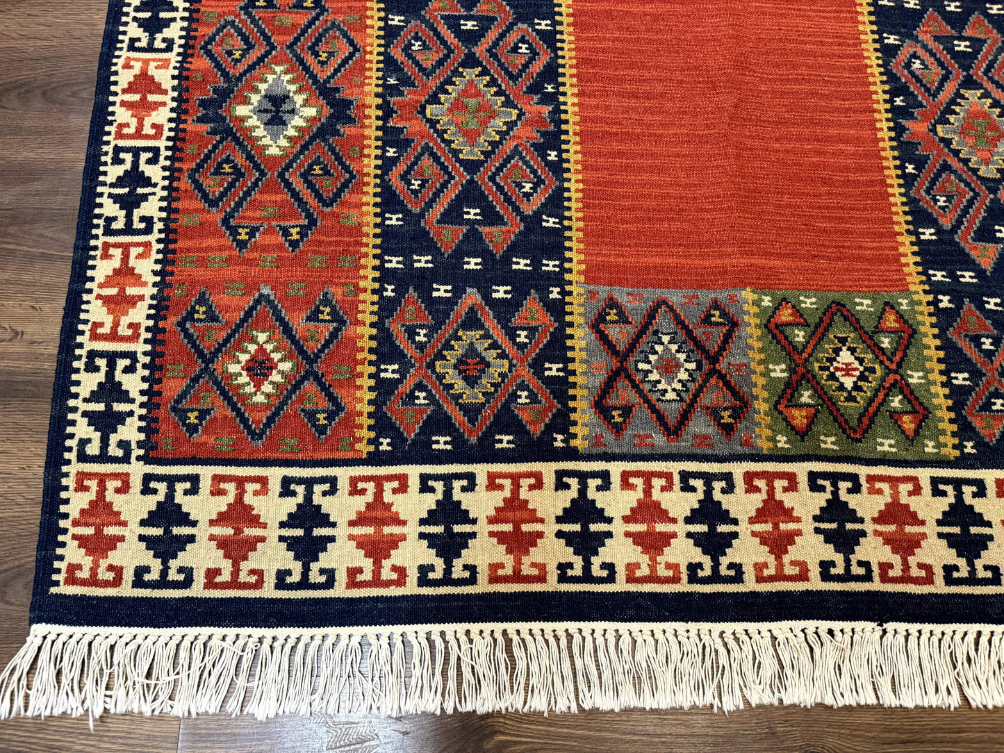 Turkish Kilim Rug 5x8, Flatweave Carpet, Handmade Bohemian Rug, Terracotta and Navy Blue