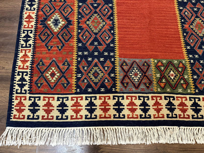 Turkish Kilim Rug 5x8, Flatweave Carpet, Handmade Bohemian Rug, Terracotta and Navy Blue