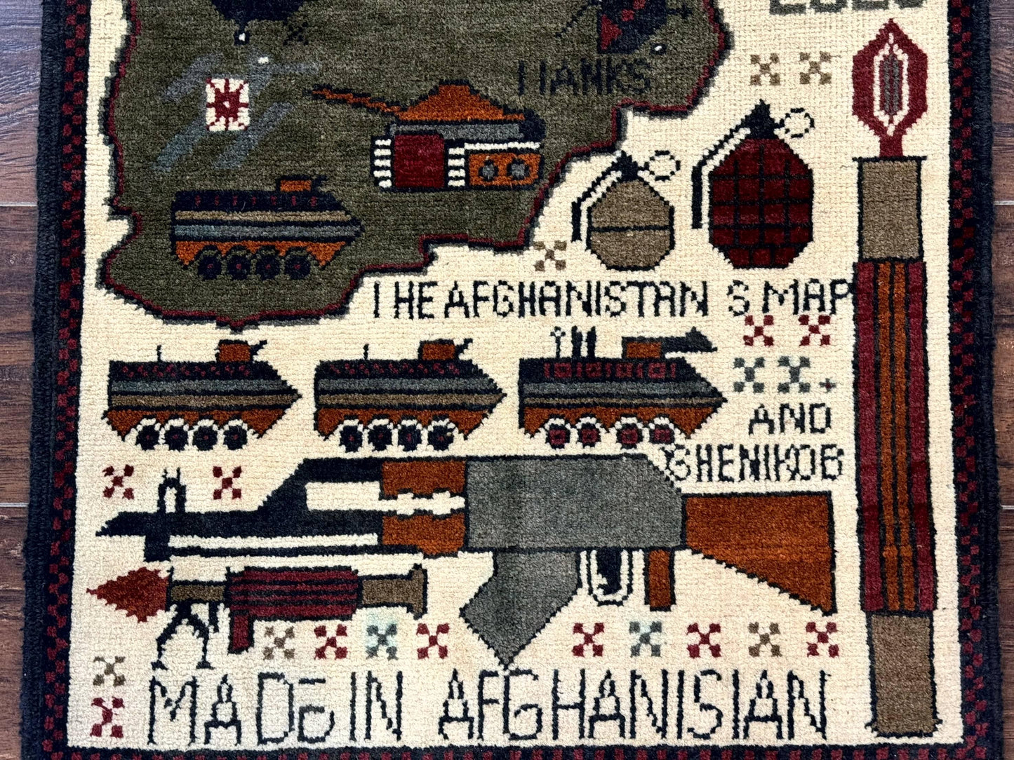 Afghan War Rug, Tanks Helicopters Guns