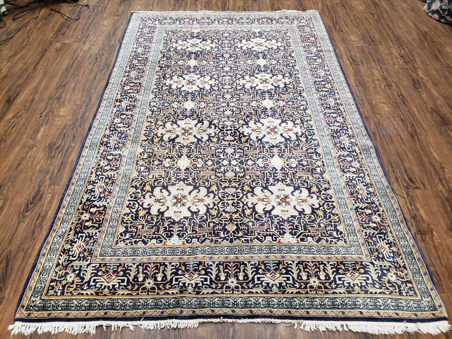 Antique Persian Kashan Rug, Midnight Blue & Ivory, Hand-Knotted, Wool, 4' 8" x 7' 4", Pair B