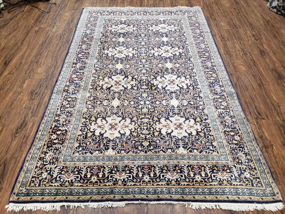 Antique Persian Kashan Rug, Midnight Blue & Ivory, Hand-Knotted, Wool, 4' 8" x 7' 4", Pair B