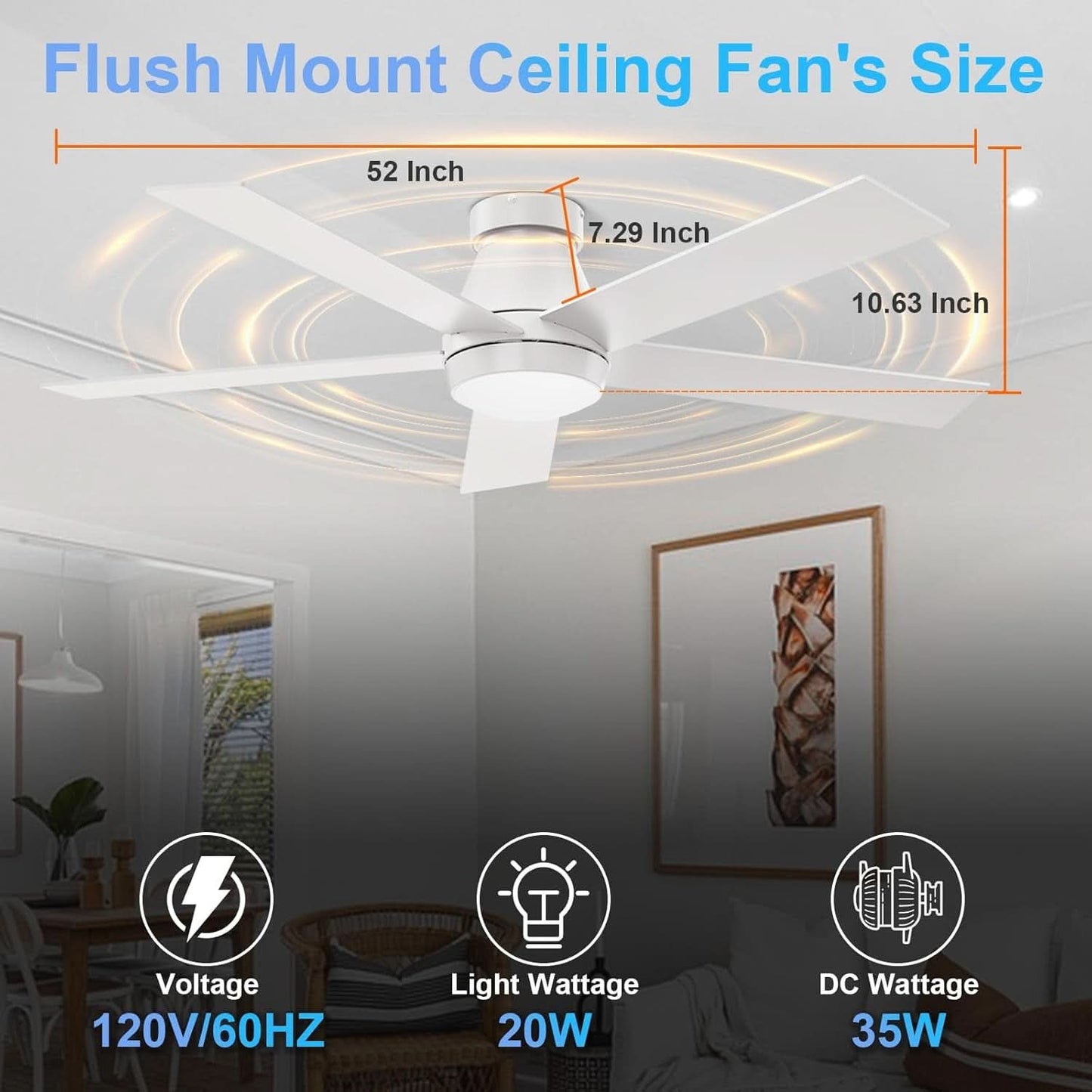 52 Inch White Ceiling Fan With Dimmable LED Lights