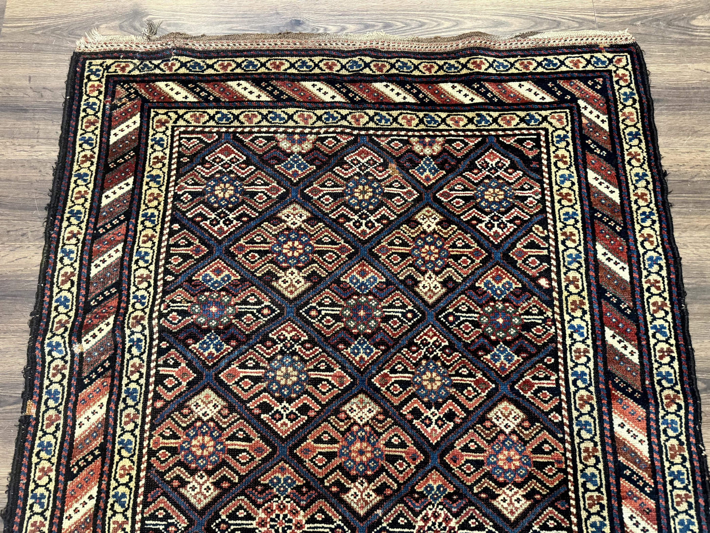 Antique Persian Wide Runner Rug 4x9, Kurdish Rug, Panel Design, Rainbow Border, Rare Tribal Rug