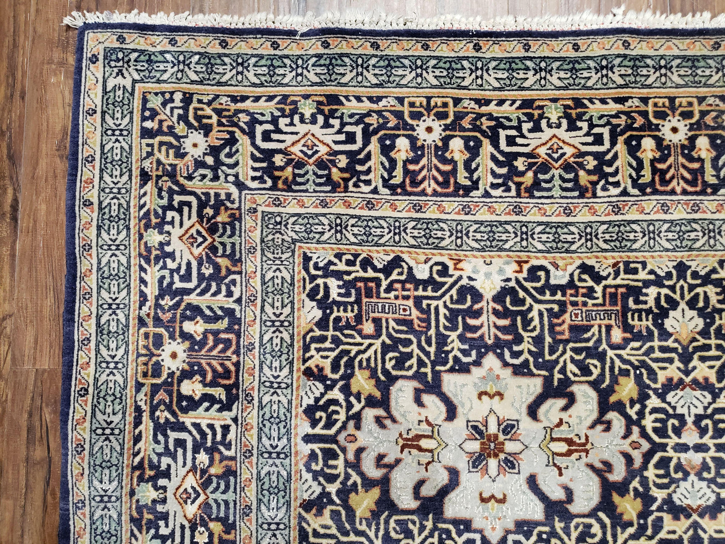 Semi-Antique Persian Kashan Rug, Midnight Blue & Ivory, Hand-Knotted, Wool, 4' 8" x 7' 4", Pair A