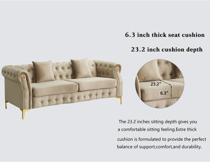 Three Piece Living Room Set Mid Century Sofa Armchair Loveseat Beige With Button Tufting And Nailhead Trim