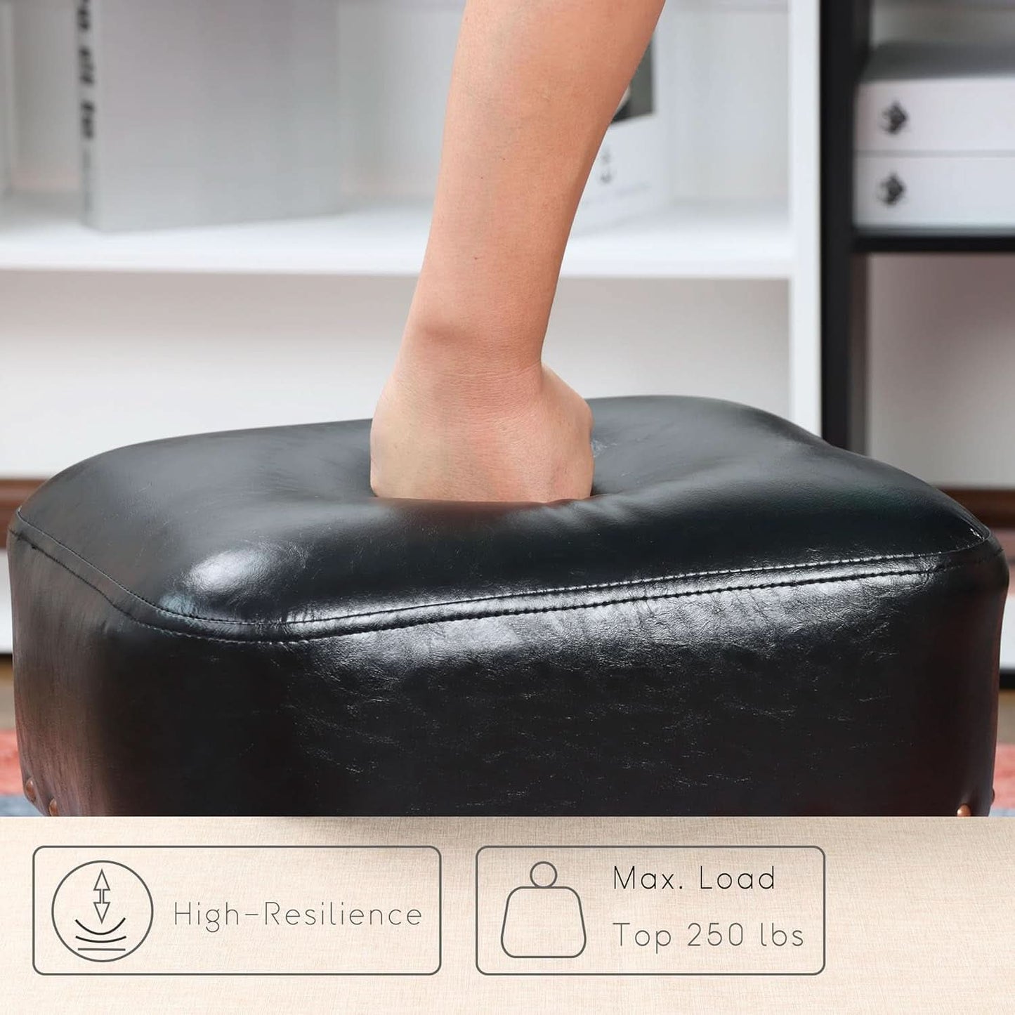 Black Leather Ottoman Footstool With Thick Padded Foam