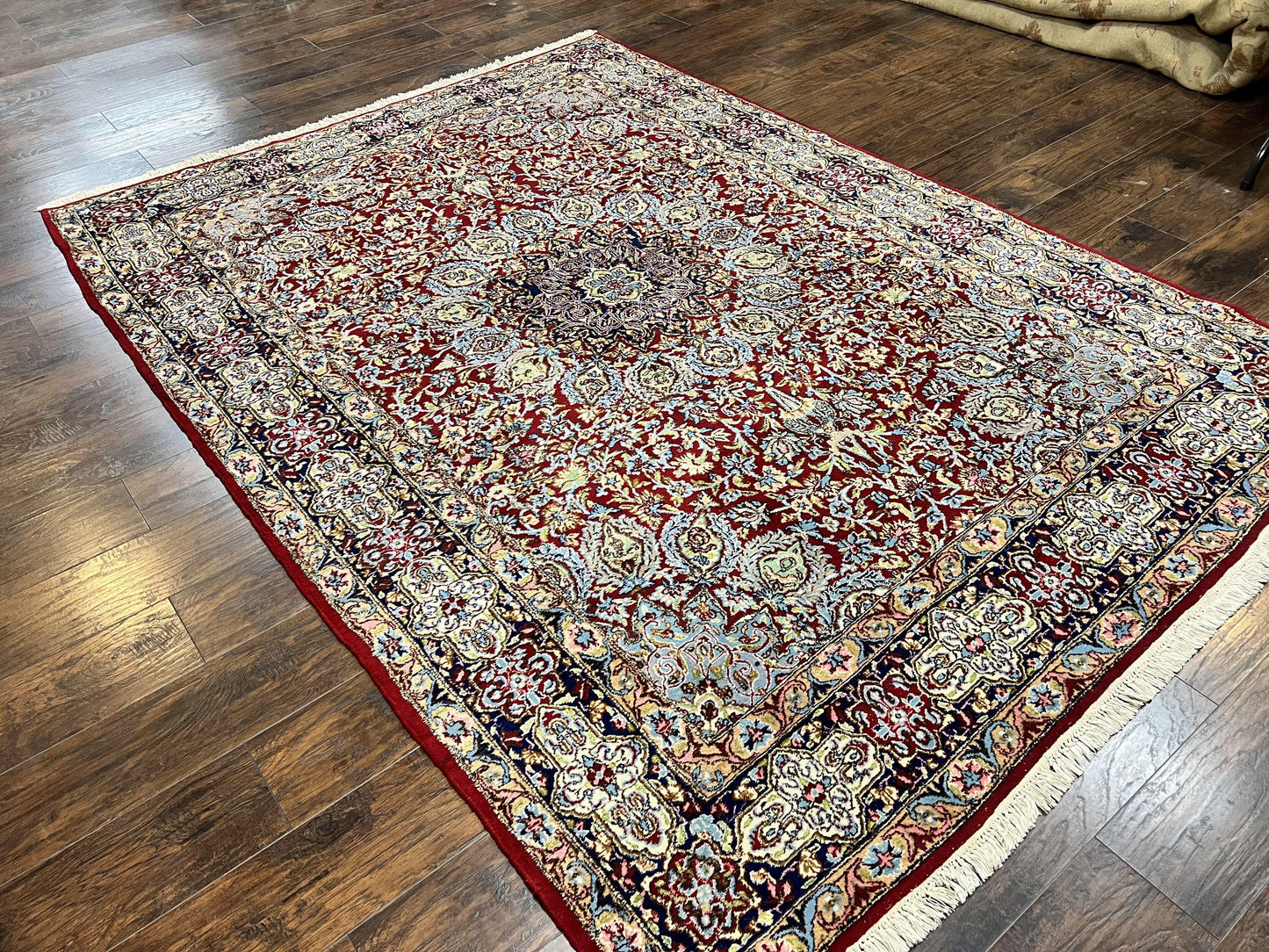 Persian Rug 7x10, Kirman Oriental Carpet 7 x 10 ft, Hand Knotted Wool Floral Medallion Semi Antique Persian Rug, Dark Red Light Blue Vintage