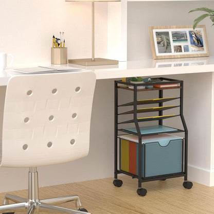 Brown Wood 6 Tier Rolling File Cart With Lockable Wheels