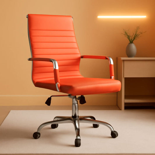 Orange Ribbed Leather Office Desk Chair Adjustable Height