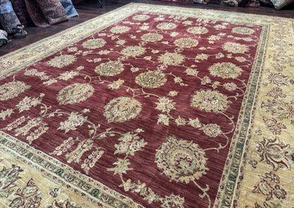 Traditional Wool Oriental Rug 9x13, Large Power Loomed Carpet, Burgundy