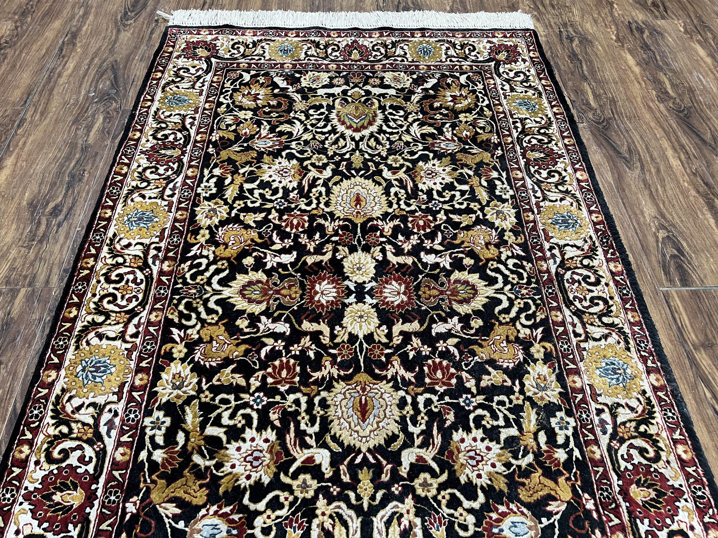 Sino Persian Silk Rug 3x5 Oriental Carpet 3 x 5 Fine Silk Rug, Black Ivory Gold, Animal Motifs, Flowers, High Quality, Vintage Silk Rug Wow