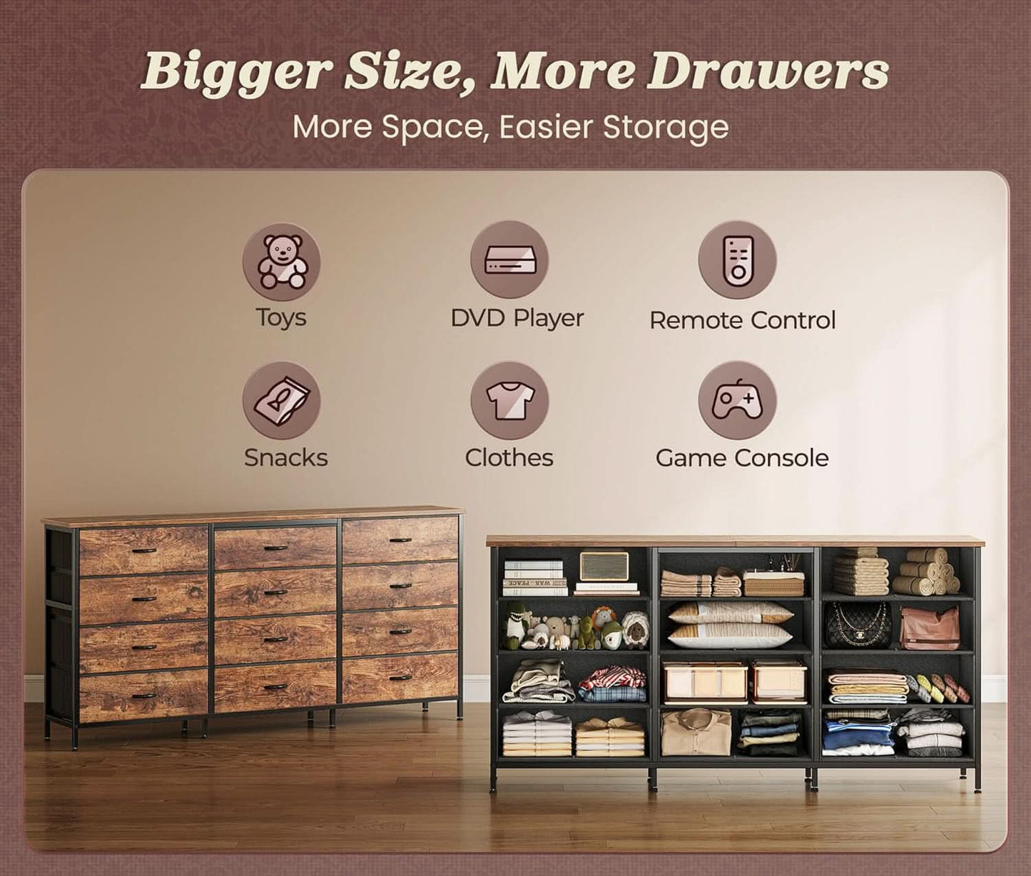 63Inch Dresser With Premium Fabric Drawers RusticBrown