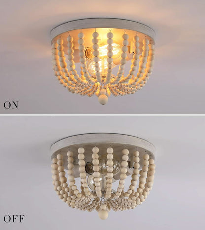 Boho Wood Beaded Flush Mount Chandelier Oak Finish 2 Lights