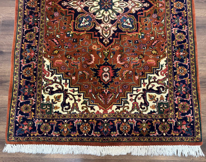 Indo Persian Heriz Rug 4x6, Rust Red Navy Blue and Cream