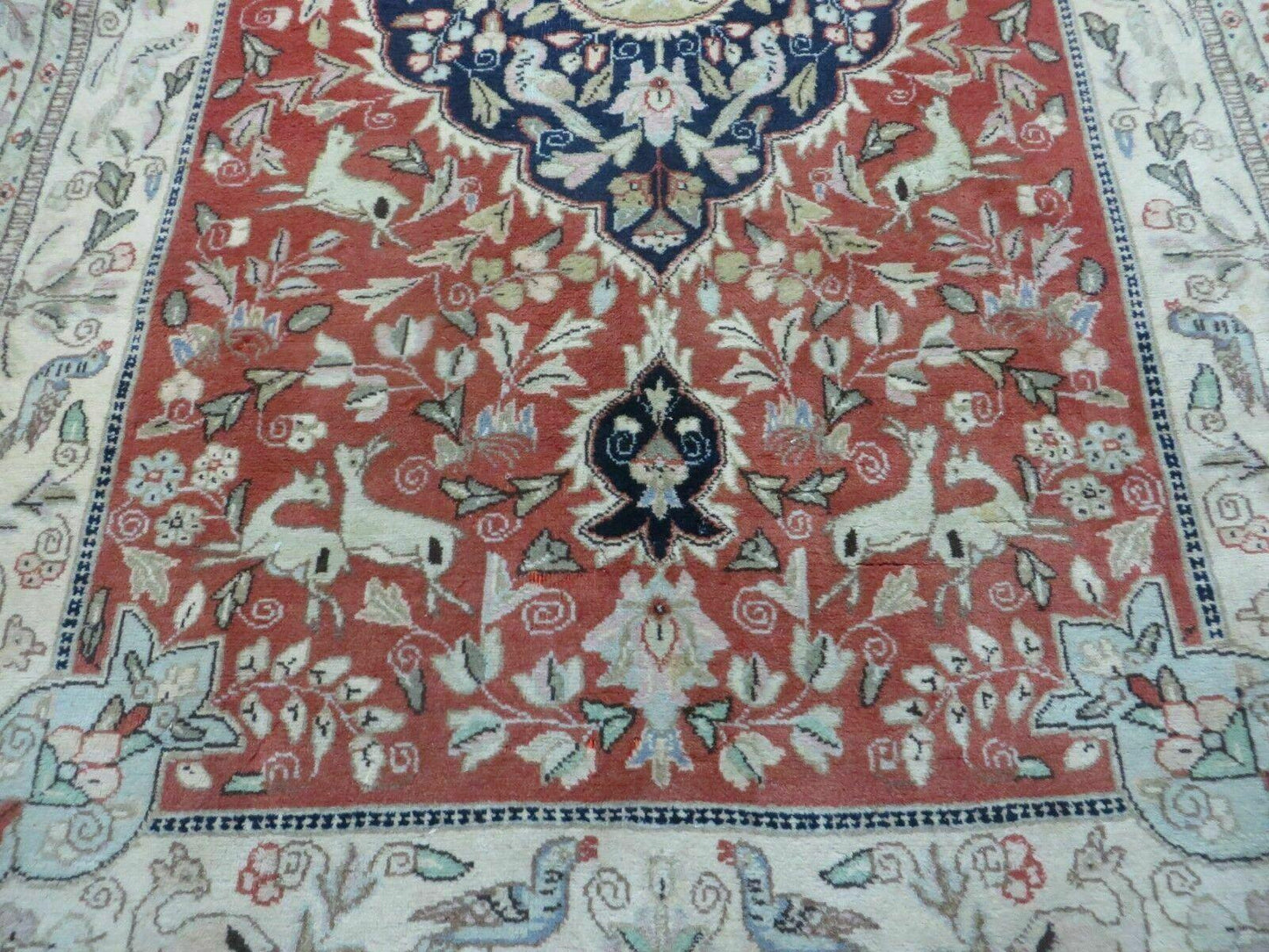 6' X 9' Vintage Handmade India Oriental Floral Wool Rug Hunting Bird Deer Nice